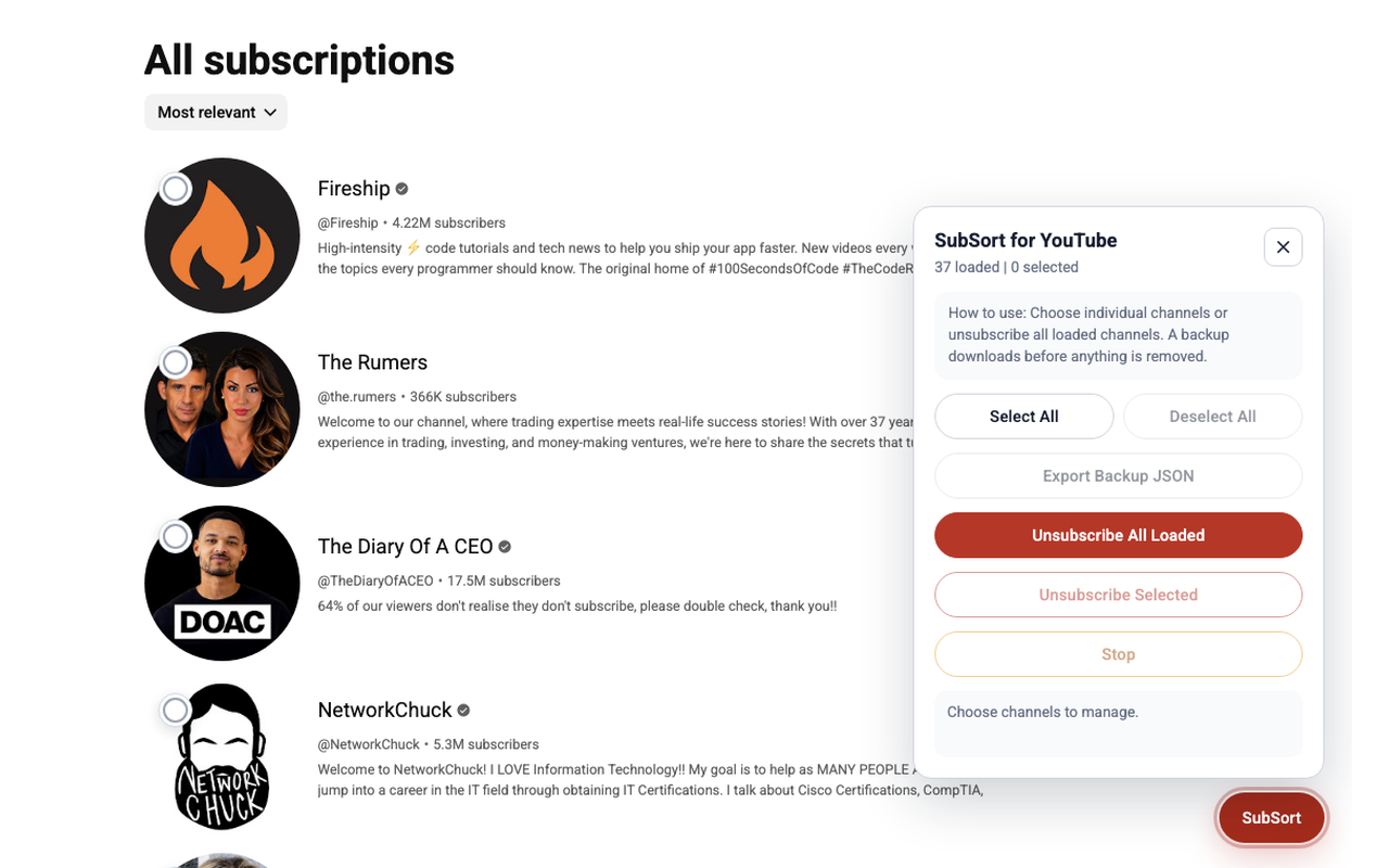 SubSort panel loaded beside a YouTube subscriptions list