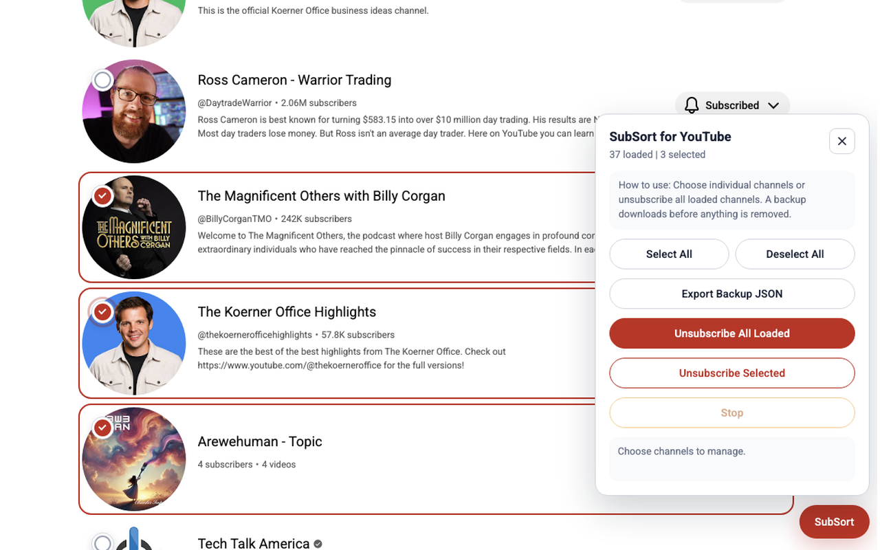 SubSort panel with three selected YouTube channels